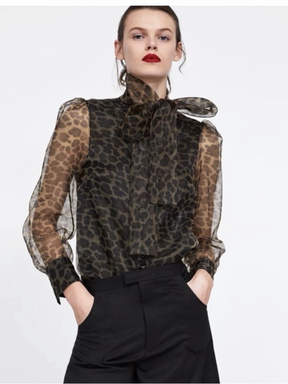 ZARA Sheer Leopard Print Tie-Neck Blouse with lining